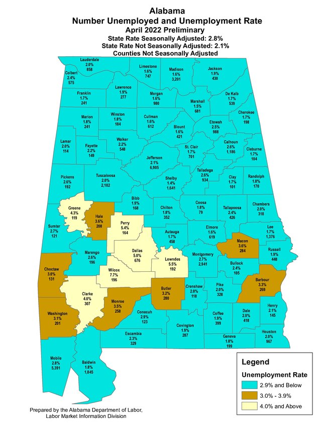 This map reflects the unemployment rates in the state for April.