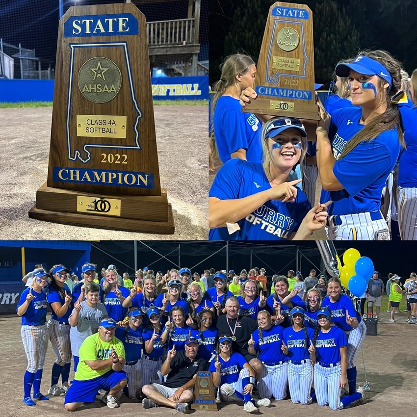 Curry players celebrate their state tournament win on their home field on Friday night.