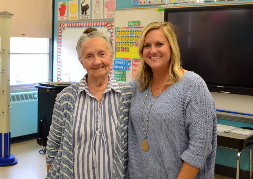 Marilyn Humphries, a substitute teacher at Curry Elementary School, is pictured with the school's principal, Haley Moore.