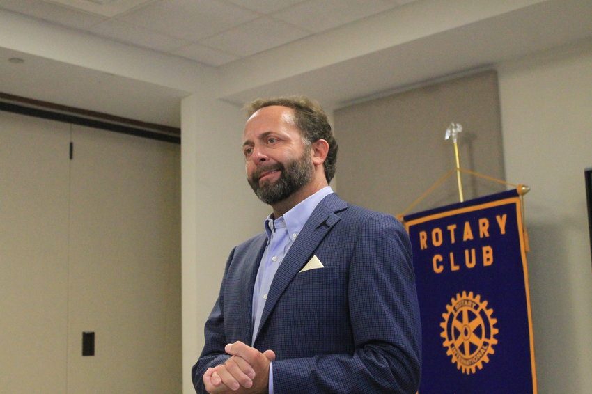 Jasper High School Basketball Coach Heath Burns speaks to the Rotary Club of Jasper on Tuesday. Burns is in his first years as head coach at JHS.