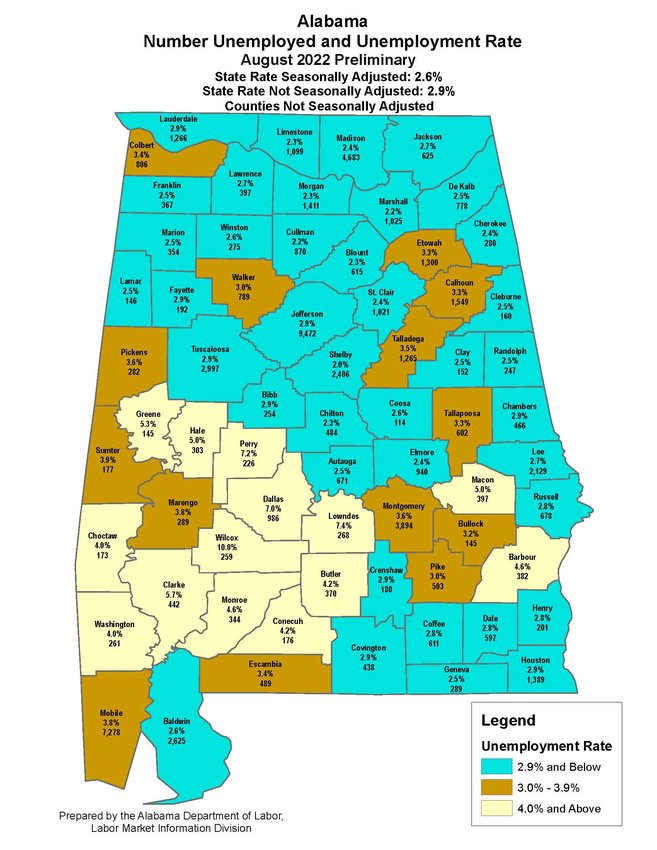 This map reflects the county unemployment rates for August.