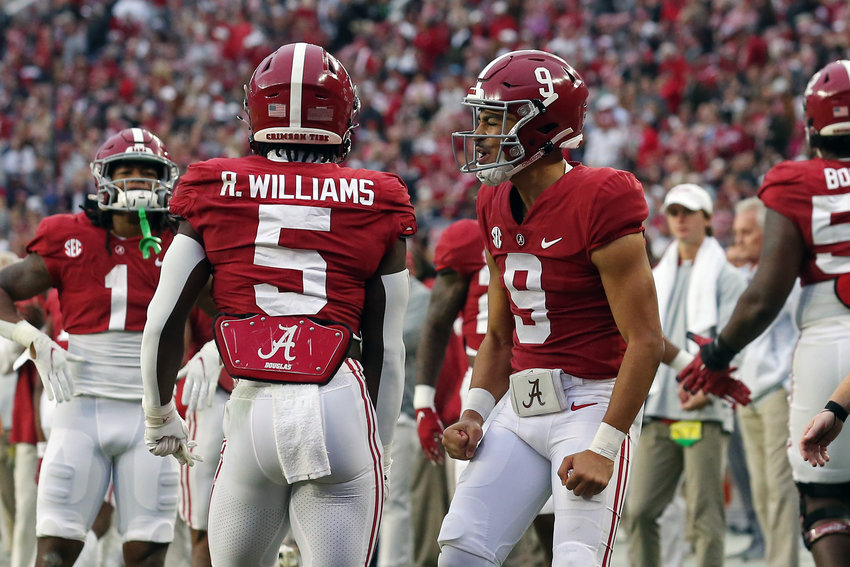 Alabama Crimson Tide running back Roydell Williams (5) and quarterback Bryce Yong celebrate after a touchdown during the Iron Bowl between Auburn and Alabama at Bryant-Denny Stadium in Tuscaloosa, Al. Jason Clark / Daily Mountain Eagle