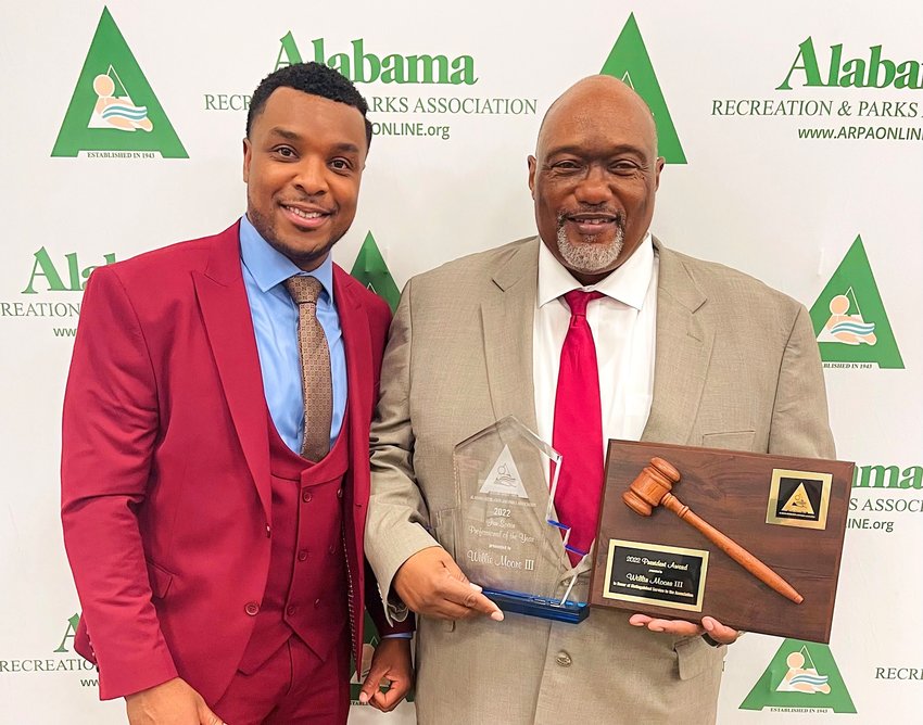 Oakman Parks and Recreation Director Willie Moore III is pictured, at right, after receiving the 2022 ARPA Jim Spain Professional of the Year Award. Oakman Mayor Cory Franks, at left, attended the ceremony to support Moore.