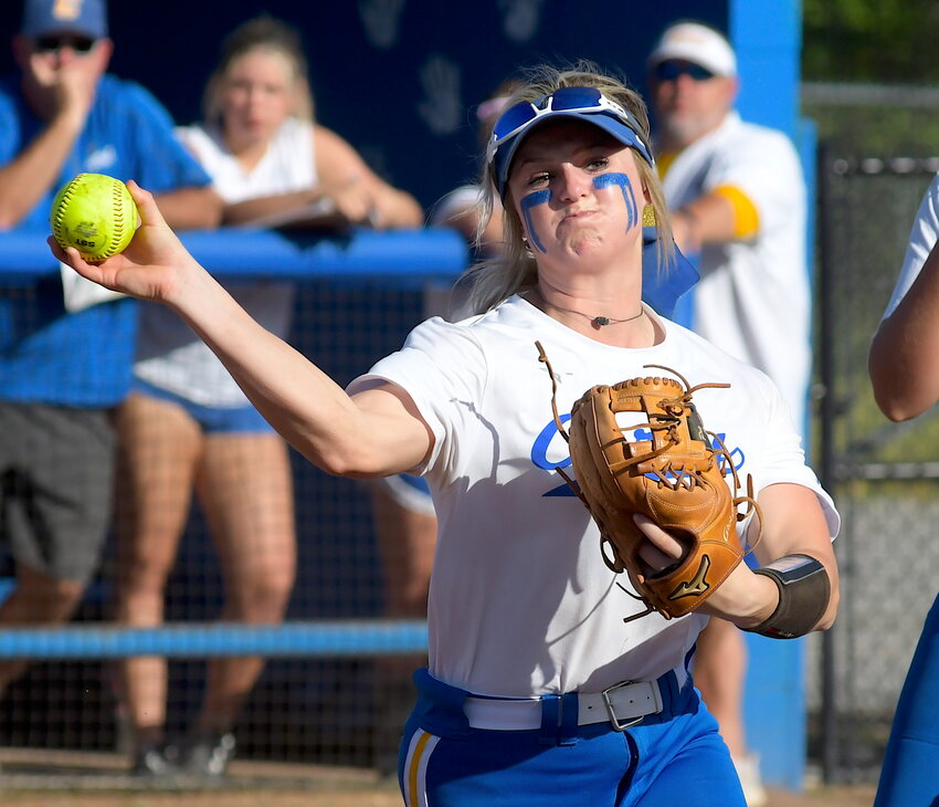 Curry third baseman Ambrey Taylor throws to first for an out during a home game this season. Taylor has been named the ASWA Class 4A Player of the Year.