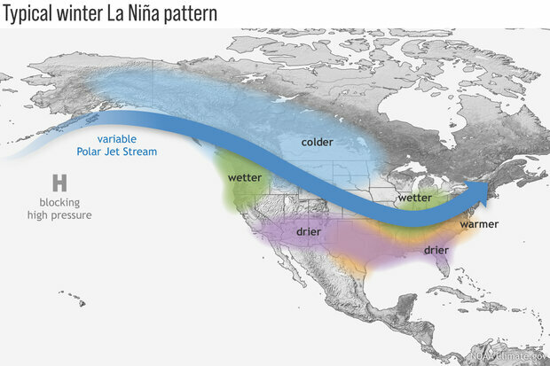 During La Niña, the Pacific jet stream often meanders high into the North Pacific. Southern and interior Alaska and the Pacific Northwest tend to be cooler and wetter than average, and the southern tier of U.S. states — from California to the Carolinas — tends to be warmer and drier than average. Farther north, the Ohio and Upper Mississippi River Valleys may be wetter than usual. Climate.gov image