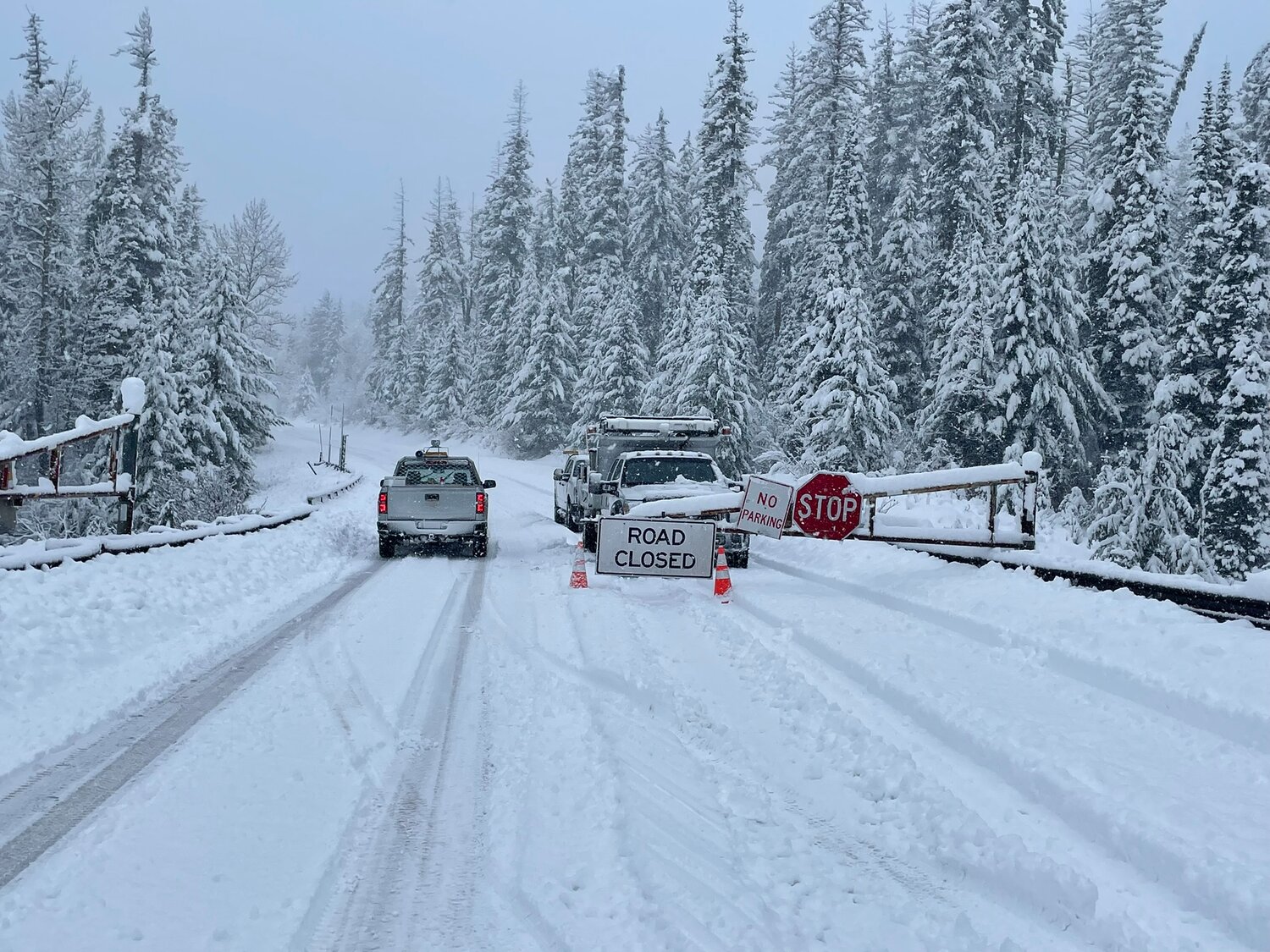 WSDOT crews closing North Cascades Highway during a temporary closure on November 10. The highway will be shut down on November 30 between milepost 134 at Ross Dam Trailhead to milepost 171 at Silver Star.