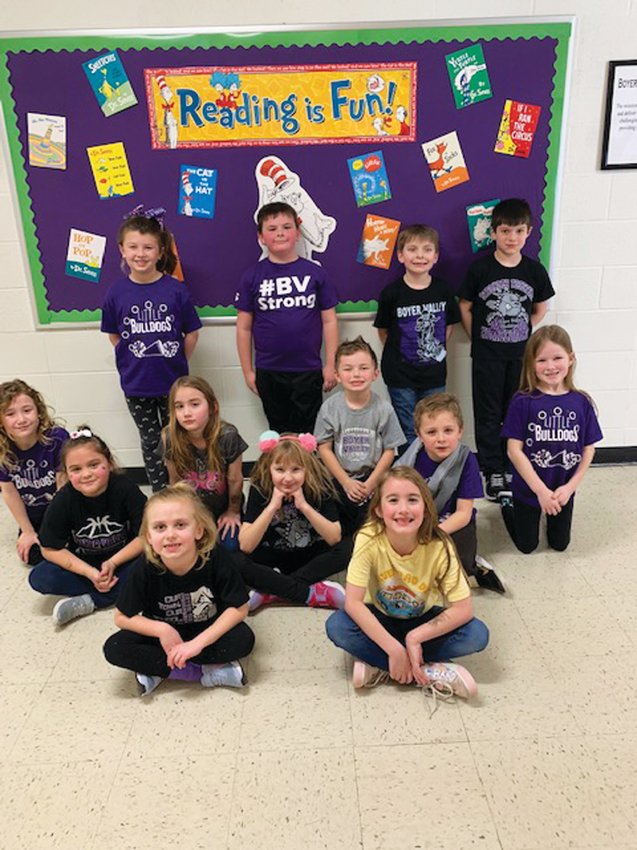 Mrs. Branning's first grade students showed their school spirit on "Horton Hears a Who" day by wearing their Boyer Valley attire.