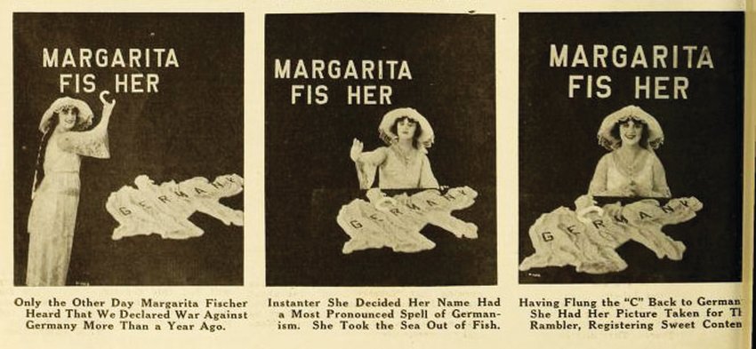 Margarita Fischer's name change during World War I was displayed in a film industry trade journal.