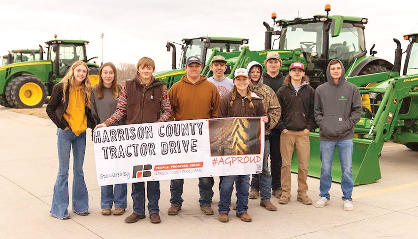 Missouri Valley students celebrated National Ag Day by participating in the Harrison County Tractor Drive. Pictured, from left to right: Alivia McIntosh, Hailey Miller, Mason Herman, Nick May, Colton Beckner, Ashley Leusink, Chris Wonder, Wesley Fox, Eli Beccera, Ben Hansen.
