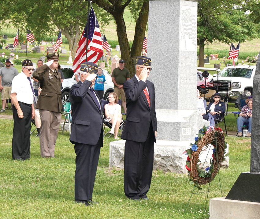 WOODBINE MEMORIAL DAY SERVICE:  Front, Mark Westermeyer, Tony Smith.  Back, Dave Gardner, Matt Dorland salute after the Laying of the Wreaths.