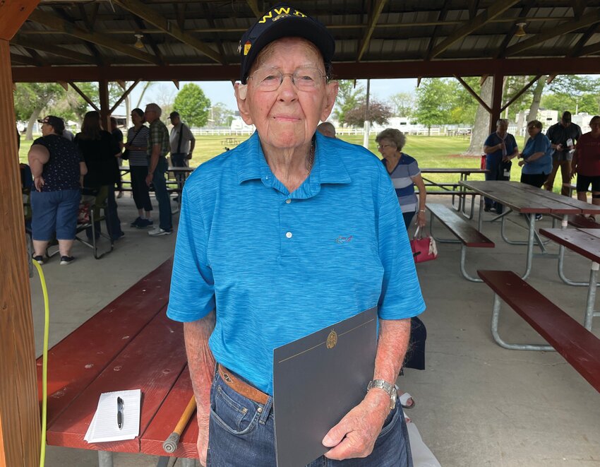 Wilbur Busing was honored at the Missouri Valley ceremony for his service in World War II.
