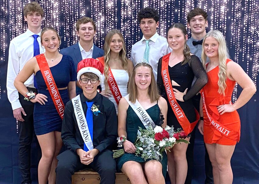 Members of the 2023 Missouri Valley Homecoming Court include in the front row, from left: King Beau Sweet, Queen Sophia Caniglia.  Middle row, Mia Hansen, Hailey Ferris, Alivia Porter, Brooklyn Lange.  Back row, Dane Janssen, Ben Hansen, Chris Dworak, Brody Lager.