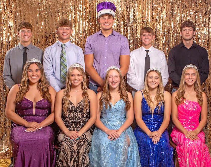 Members of the 2023 Logan-Magnolia Homecoming Court include in the front row, from left: Brooke Johnsen, Kaitlyn Wingert, Queen Marki Bertelsen, McKenna Witte, Rory Madsen.  Back row, Calvin Collins, Rex Meeker, King Grant Brix, Jed Lake, Evan Roden.