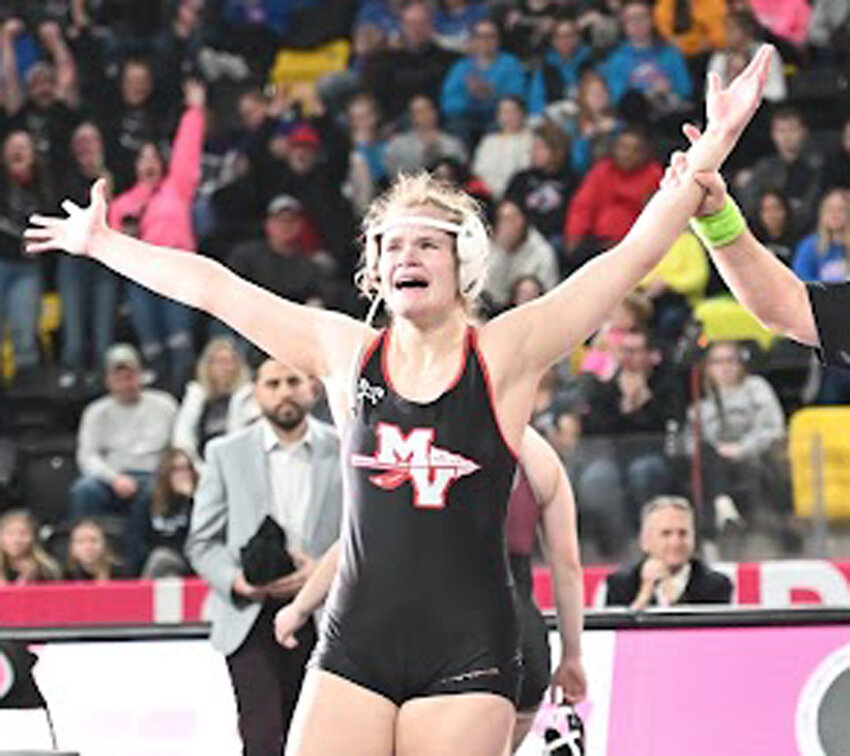 Missouri Valley's Nikki Olson won the 2024 Girls State Wrestling Championship on Feb. 2 at Coralvile, becoming the first Lady Reds State Champion in school history.