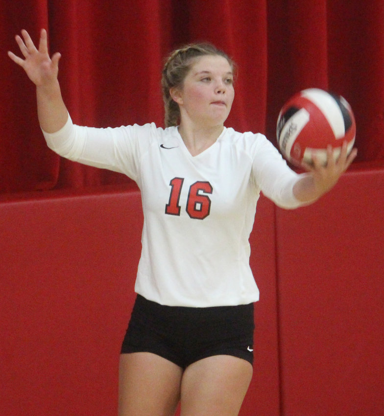 Missouri Valley's Addi Huegli (16) converted some huge serves at key moments during the Missouri Valley Volleyball Invitational on Sept. 5 in Missouri Valley.