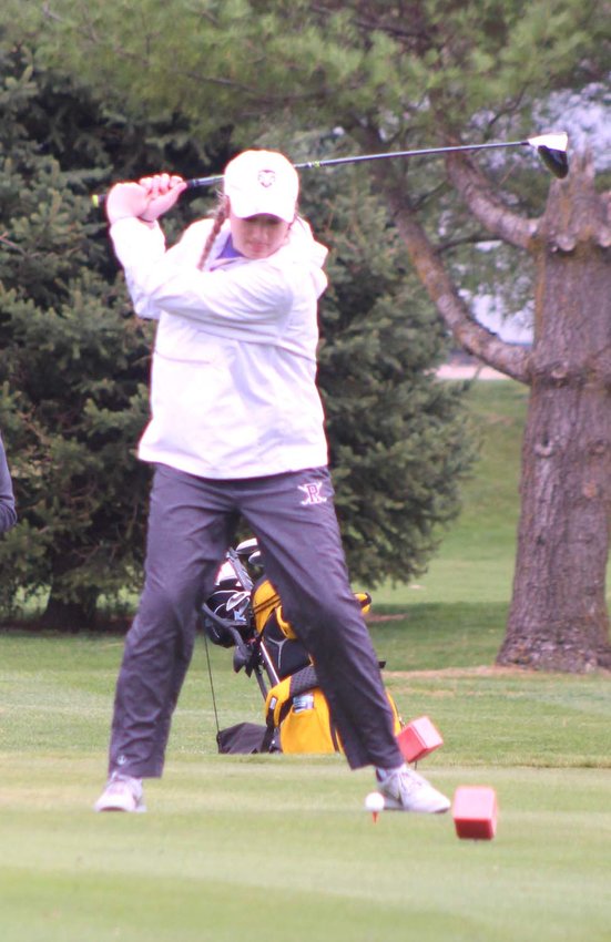 Cadence Koenigs tees off at Willow Vale Golf Course. The Rams will host a Class 2A Regional meet on Monday, May 17 in Mapleton.