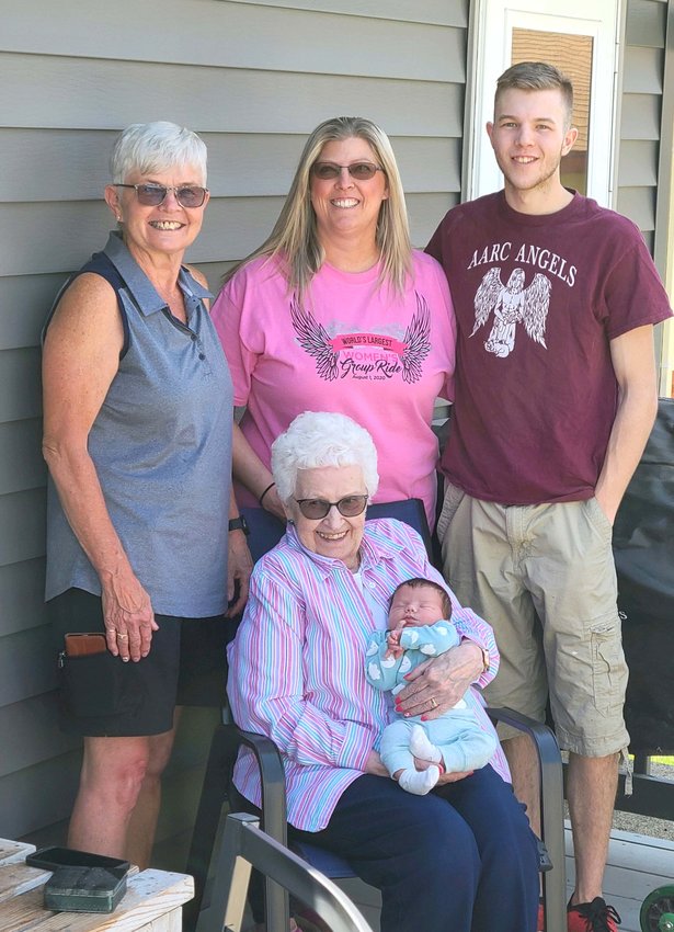 With the birth of Paisley Schroeder, five generations of the family gathered together on Easter, April 4. Pictured in the front is Great-Great-Grandma Dorothy Ortner holding Paisley Schroeder. In the back is Great-Grandma Marsha Craig, Grandma Samantha Schroeder and Dad Sean Schroeder.