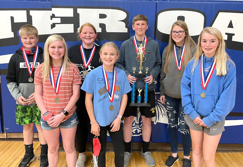 This Charter Oak-Ute team finished in first place in the Problem 3-Omer and the Beanstalk-Division 2. Front Row: Patience Winsor, Cheyenne Vogt, and Ava Klinker. Back Row: Kelton Mareau, Emerson Goslar, Peyton Gress, and Tawnie Cass.