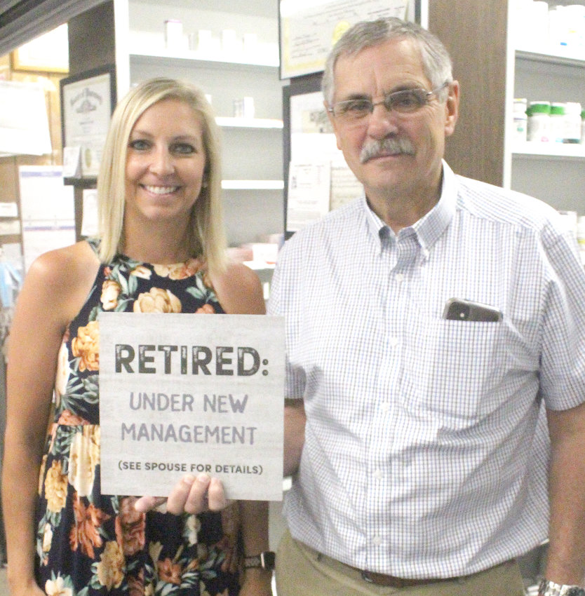 Steve Eby (right) will be passing the keys to Stephanie Witt on Thursday, July 1, as Eby will retire from operating Eby Drug in Logan for the past 47 years.  He took over on June 1, 1974, and his father, Richard Eby, opened Eby Drug in Logan in 1954. Steve's final day of ownership is today (june 30,2021).