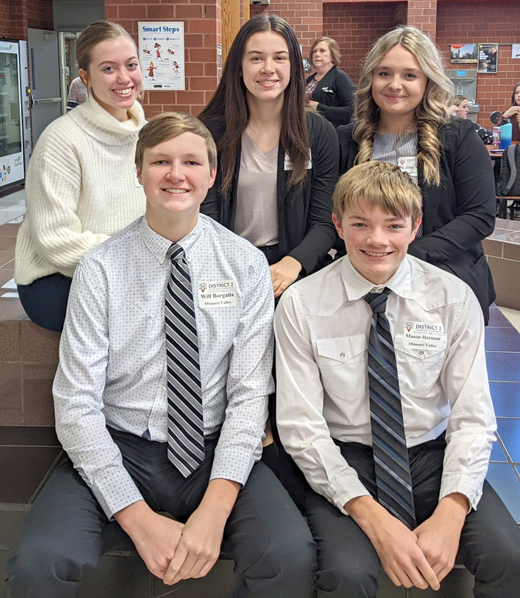 Missouri Valley's FBLA students competed in the District Meet on Jan. 29 in Creston, with Lilie Mass advancing to the 2022 State Competiiton.  Shown in the photo include in the front row, from left, Will Borgaila and Mason Herman. Back row: Sophia Messerschmidt, Audrie Kohl, and Lillie Mass. The FBLA State Meet will be held from March 31 - April 2 in Coralville.