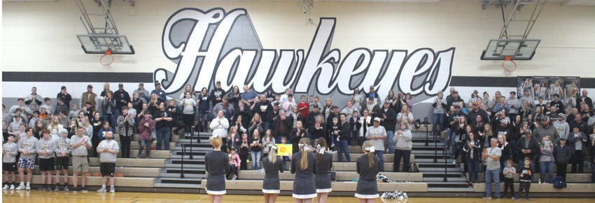 The high school gym was packed to capacity at the Sunday evening pep rally, before the West Harrison Hawekeyes headed to the Boys State Basketball Tournament on Monday, March 7.