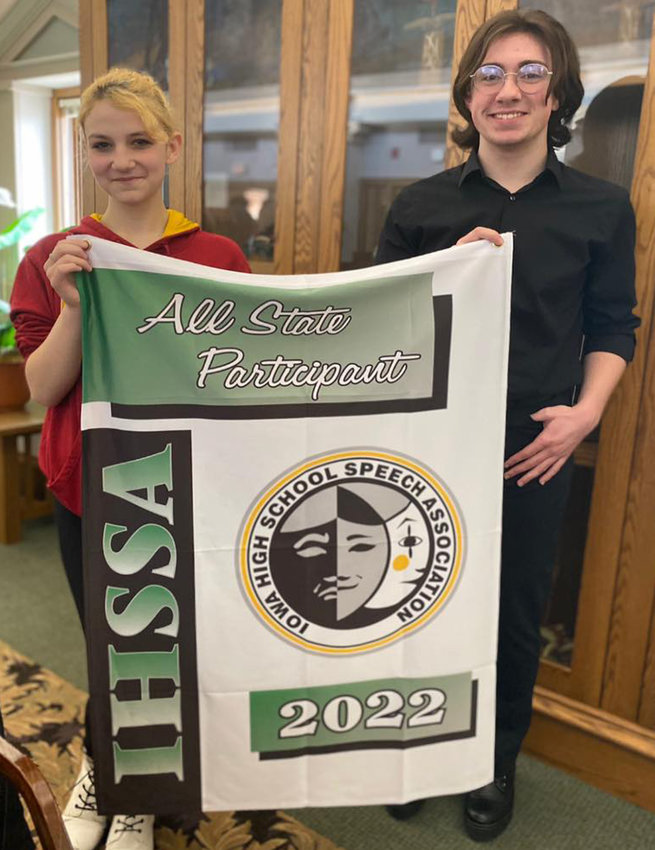 2022 West Harrison students, Devyn Harris (left, poetry) and Riley Acker (right, literary program), participated in the All-State Speech Festival at the UNI-Dome in Cedar Falls on March 28.  They have another state banner to hang in the school.