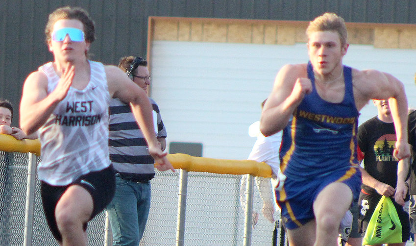 West Harrison's Gabriel Gilgen takes off at the start of the 100 m dash at the Gregg Beam Invitational on April 22 in Mondamin.