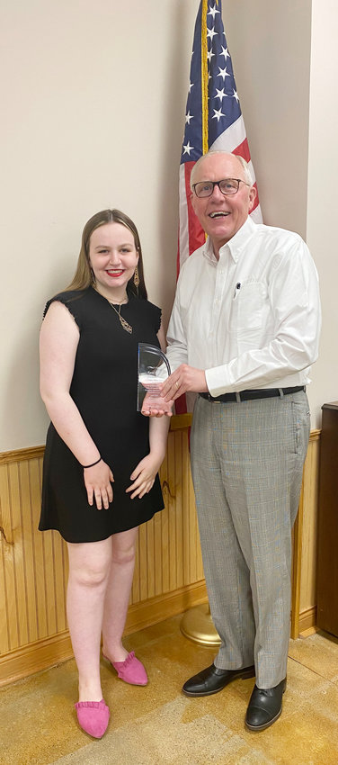 Rand Fisher a longtime supporter of Harrison County Development Corporation, and a driving force behind the Leadership Harrison class, was recognized. A Leadership scholarship was named in his honor, and he is pictured with Claire Hennessey, the first recipient of the Rand Fisher Leadership Harrison scholarship.