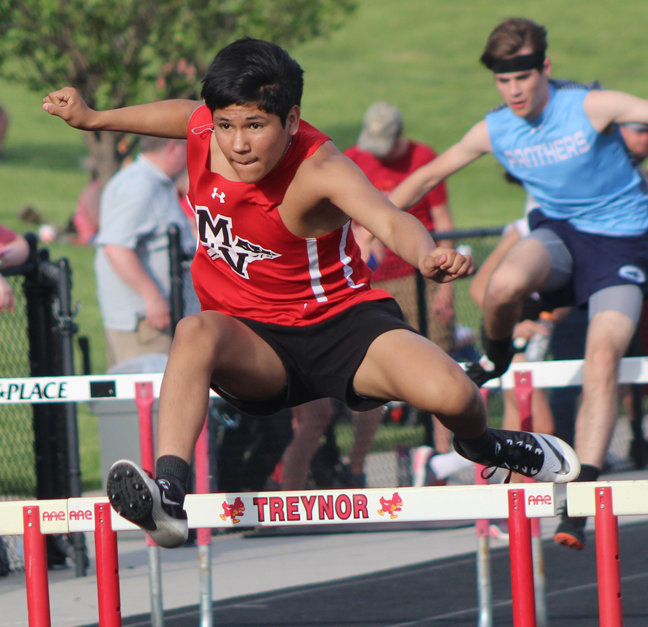 Missoouri Valley's Diego Manzo leads off the shuttle hurdle relay at the Class 2A State Qualifying Meet in Treynor on May 12.