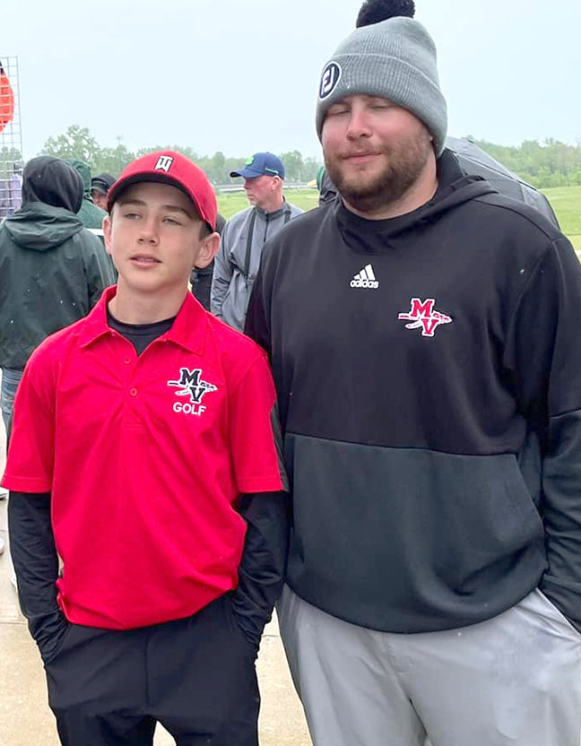 Missouri Valley's Jackson Tennis (left) picked up a 37th place finish at the Class 2A State Golf Tournament on May 23-24 in Ames. He is shown with MV Golf Coach, Andrew Fraher.