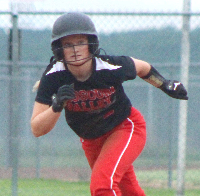 Missouri Valley's Brooklyn Lange takes a lead off base in Western Iowa Conference action last week.