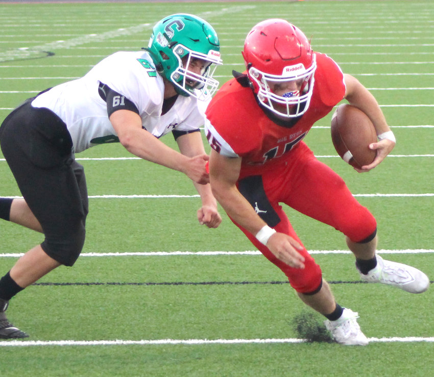 Missouri Valley's Ben Hansen breatks away from the tackler in Friday's Scrimmage against West Monona. on Aug. 19.  The Big Reds have their first two games of the 2022 season at home when they host Shenandoah on Aug. 26, and Lawton-Bronson on Sept. 2.