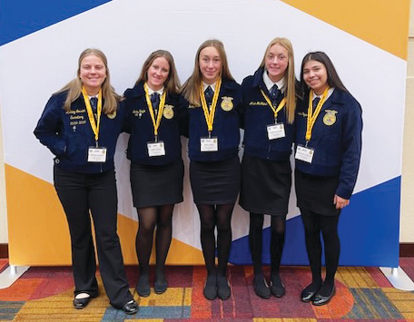 Pictured from left to right: Ashley Leusink, Bailey Koyle, Hailey Miller, Alivia McIntosh, and Marisa Reyes on their trip to the National FFA Convention in Indianapolis, Ind.