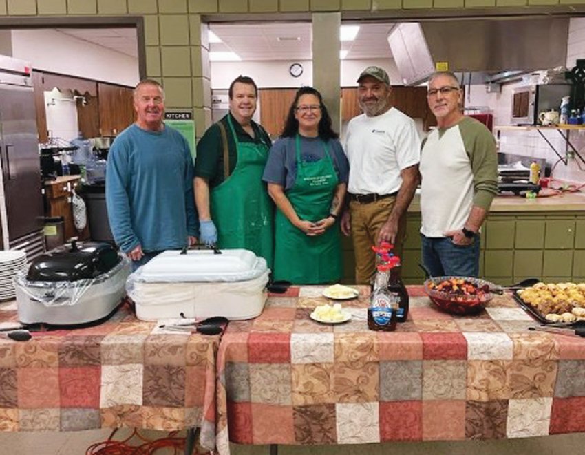 The Kiwanis Club of Missouri Valley hosted a pancake feed on the morning of Dec. 10 during Merry Main Street. Pictured left to right: Brit Liljedahl, Deacon Mike Carney, Sharon Buss, Troy Buss, and Rod Foutch. Rene Carney, who took the picture, also helped.