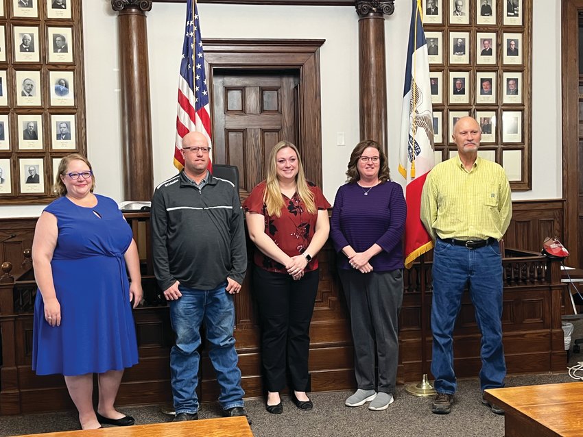 A swearing in ceremony was held at the Harrison County Courthouse on Jan. 3. From left to right: Jennifer Mumm (County Attorney), Brian Rife (Board of Supervisors), Felicia Geith (County Recorder), Shelia Phillips (County Treasurer), and Tony Smith (Board of Supervisors).
