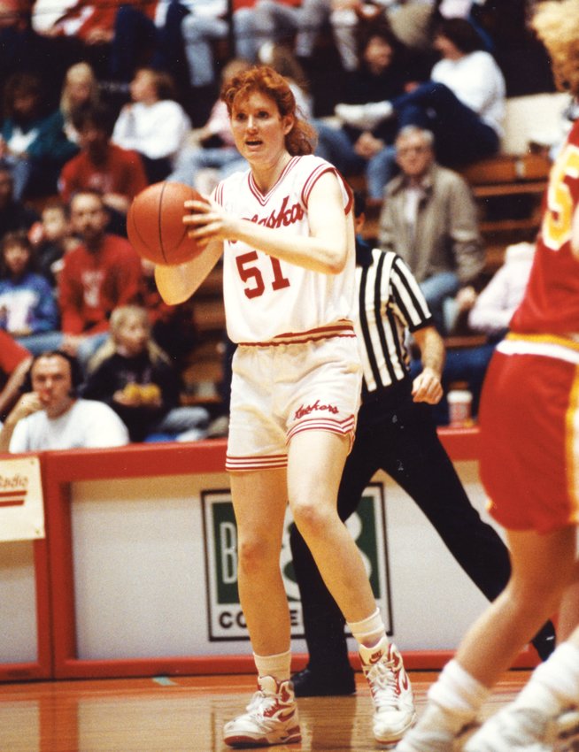 Karen Jennings looks to pass the ball during a Husker game.