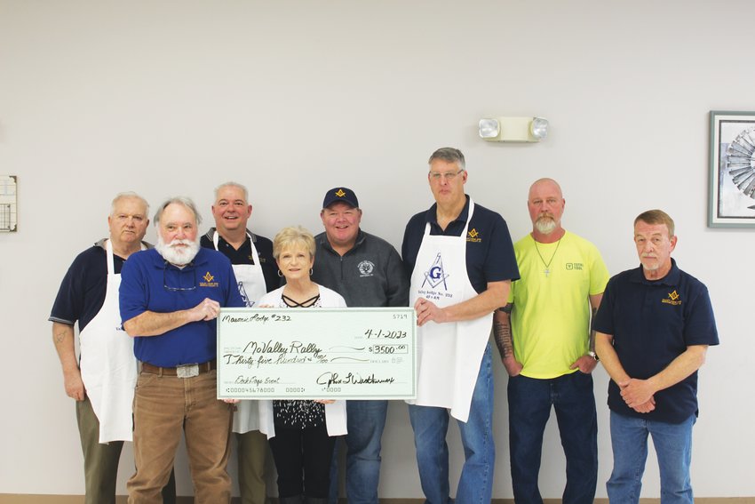 Masonic Lodge 232 presented a $3,500 check to Jeannie Wortman, Missouri Valley Chamber of Commerce Executive Director, with the funds going toward the Mo Valley Rally.Pictured, from left to right: David Wilson, Terry Bates, John Weatherwax, Jeannie Wortman, Richard Rodewald, Pat Guynan, Tim Rife and Layne Clark.