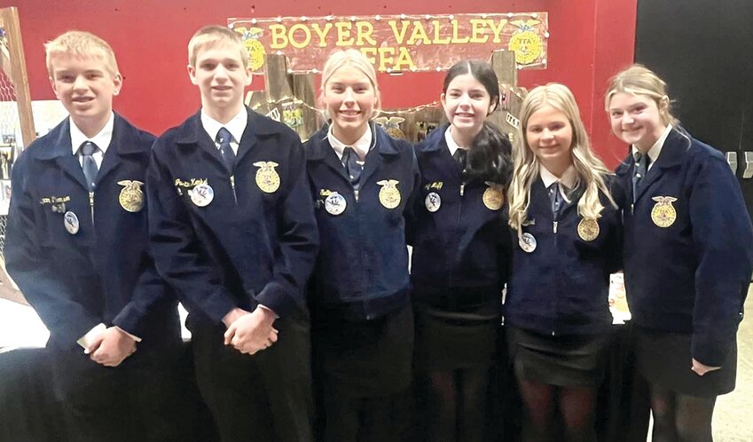 SILVER RATING:  Boyer Valley received a Silver Rating, Chapter Display at the Iowa State FFA Convention.  They include, from left, Logan Thomsen, Justin Kenkel, Sylvia Sullivan, Lauryn Muff, Lily Heistand, and Gwen Neilsen.