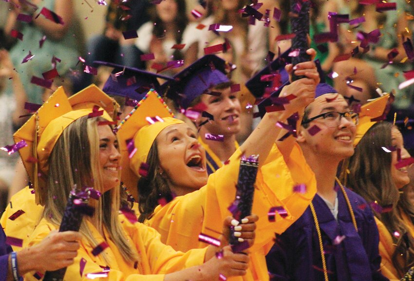 Logan-Magnolia seniors celebrate becoming official graduates at the conclusion of the graduation ceremony held on Saturday, May 13.