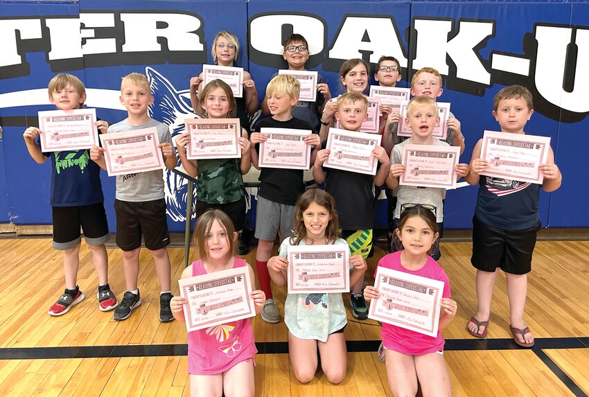 Reading Award Recipients - Front Row: Emmerie Mead, Savannah Rucker and Brynn Leitz.  Middle row: Brody Hudson, Kelby Terwilleger, Isla Keiner, Sam Castillo, Ketson Ernst, Rhett Terwilleger and Gage Mead.  Back Row: Avery Bohlmann, Daxton Leitz, Hannah Pietsch, Tiger Brunow and Easton Goslar.  Missing from picture: Malakia Trucke and Britzaidy Factor.
