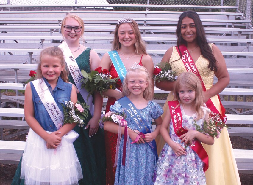 The Monona County Fair 2023 Royalty was named during the Opening Ceremony on July 11. Front Row: Reagan Christensen - Miss Congeniality; Ellie Brown - Little Princess, and Paden Rath - First Runner Up. Back Row: Chevelle Spaulding - Miss Congeniality, Addison Halverson- Monona County Fair Queen, and Emma Collison- First Runner Up