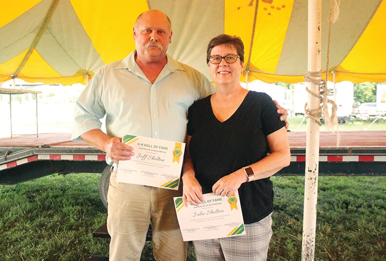 Jeff and Julie Shelton were honored at the Fair King and Queen crowning ceremony as the individuals that will be representing Harrison County in the 2023 Iowa 4-H Hall of Fame.