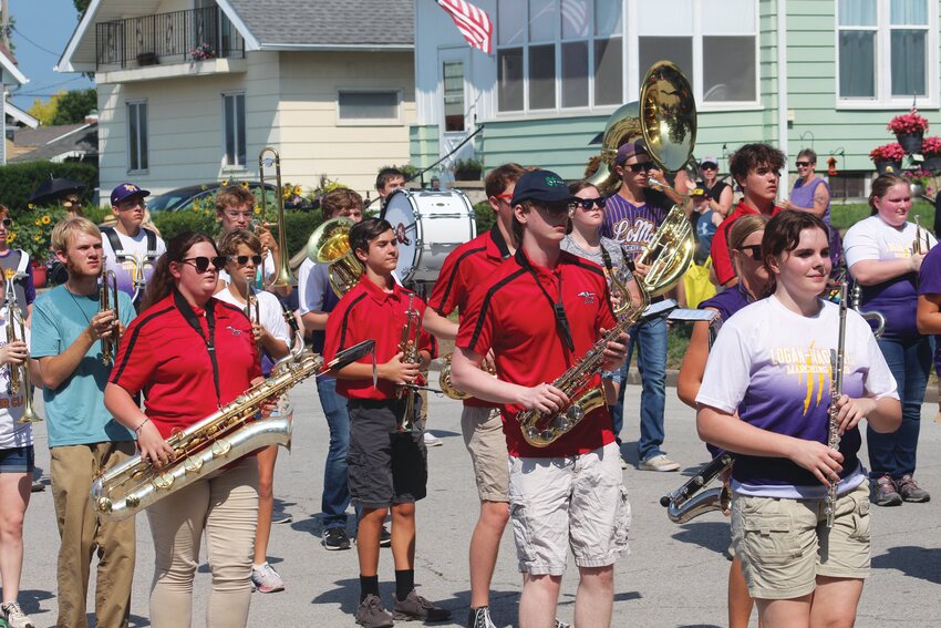 Missouri Valley and Logan-Magnolia bands played together during Saturday morning's parade.