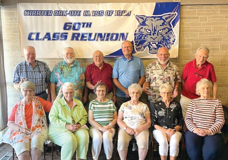 The Charter Oak-Ute class of 1963 celebrated their 60 year class reunion at Ada J&rsquo;s Steak House, Ute on July 29. Those pictured sitting from left to right: Janice Bielfeldt Henningsen, Marsha Kiem Kolls, Rita Frederichs Lafrantz, Bonnie Eckieff McAnimch, Joann Kuhlmann Elwell, and Pat McWeeny Braunger. Standing: Louis Hargens, Harold Pohlman, Loren Strait, Donald Mordhorst, Gordon Saunders, and William Magill.