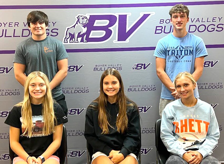 2023 Boyer Valley Bulldogs Senior Homecoming Attendants include in the front row, from left: Jessica O'Day, Anna Seuntjens, Ava TenEyck. Back row, Charlie Brasel, Luke Cripps.  Not pictured: Evan TenEyck.