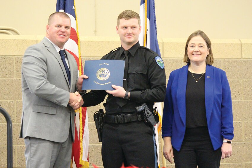 Officer Daniel Kline (middle) recently graduated from the Iowa Law Enforcement Academy and will serve with the Missouri Valley Police Department.