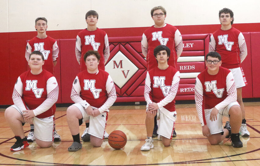 Members of the 2023 Missouri Valley Big Reds eighth grade basketball team include in the front row, from left, Tyler Jarrett, Kael Wendt, Tayvin Felner, Jarrett Morarity.  Back row, Blake Sutter, Ian Kocour, Hudson Thompkins, Maddox Wheeldon. Not pictured: Lily Handlos (mgr.), Cymber Tierney (mgr.), Coach Nate Graham, Coach Brady Wright.