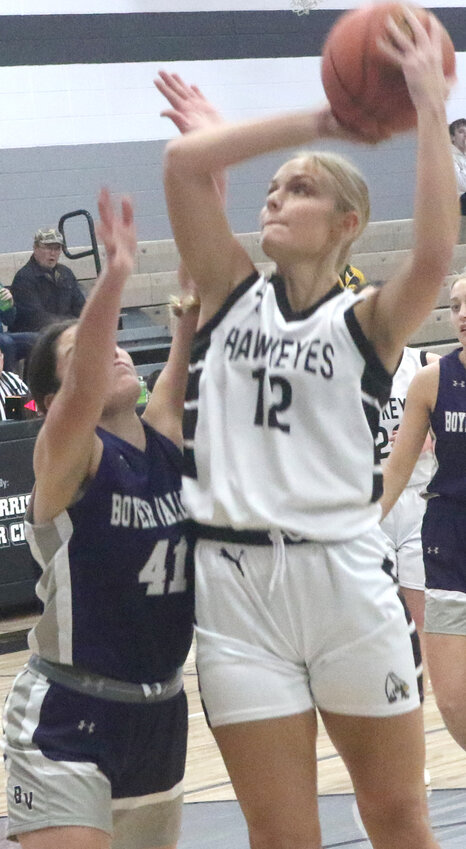 West Harrison's Tylar Stirtz puts a shot up in Rolling Valley Conference play on Jan. 5 at Mondamin.