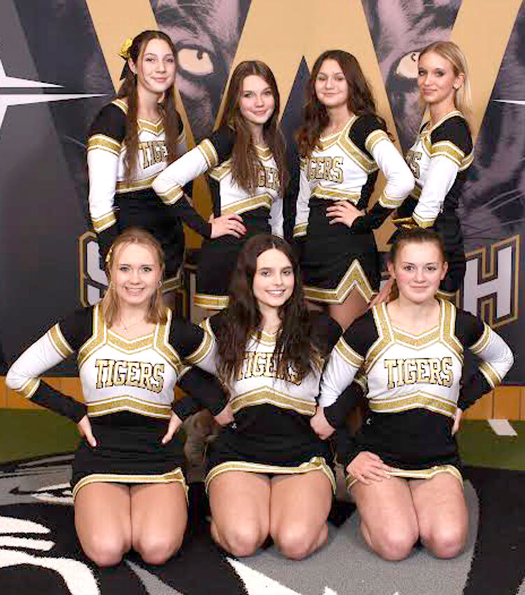 Members of the 2023-24 Woodbine Tigers Wrestling cheer squad include in the front row, from left: Kylie Neligh, Lillian Sneed, Madelyn Placek.  Back row, Lenka Hasse, Mariah Walsh, Ellie Lapel, Isabelle Cogdill.