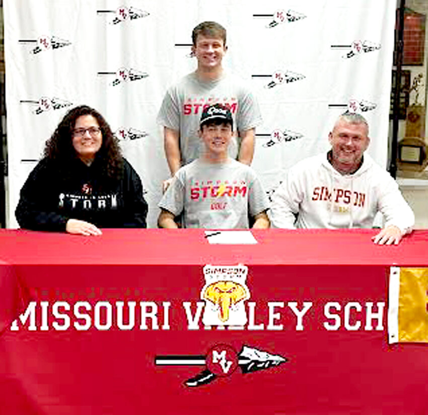 Missouri Valley's Jackson Tennis (front, center) signed his letter of intent to play golf at Simpson College (Indianola) starting in the fall of 2024.  He is shown wiht his family, Jennie (left), Nick (standing) and Jay (right).  He will be majoring in sports management.